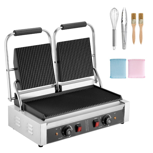 KFFKFF Commercial Panini Grill, 3600W Electric Sandwich Maker, Stainless Steel Double Press with Handle and Temperature Control, 19x9 in Fully Grooved Enamel Plate, Ideal for Burgers,Steaks,and Bacon