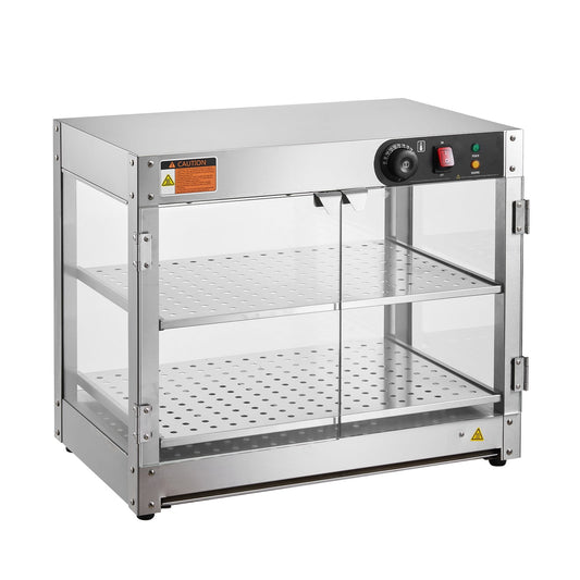 KFFKFF Dual-Level Professional Food Heating Showcase, 800W Illuminated Food Presentation Heater, 86℉~185℉ Adjustable Heat, 58L Spacious Volume for Burgers, Pizza, Bread, Fried Poultry