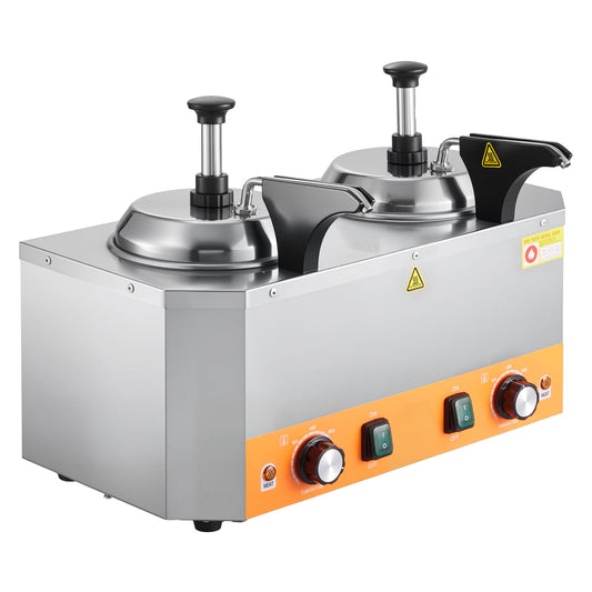 KFFKFF Electric Cheese Dispenser with Dual Pumps, 2.4x2 L Commercial Hot Fudge Warmer, Stainless Steel Heated Double Pump System, Adjustable Temperature Range 86-230℉ for Cheese, Fudge, and Caramel