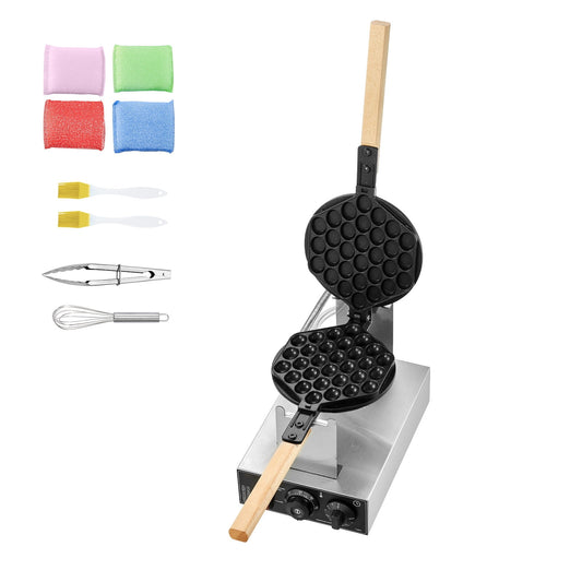 KFFKFF Electric Waffle Maker, Professional Waffle Iron, 1400W, for Crispy Egg Waffles, Non-Stick, Stainless Steel Build, 180° Flip Feature, Adjustable Temperature & Timer, Wood Grip, Ideal for Cafes