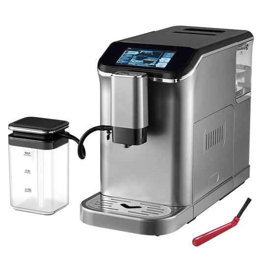 KFFKFF Fully Automatic Espresso Machine - with Automatic Milk Frother, 20 Bar Super-Automatic Cappuccino Latte Machine with TFT Touch Screen, 15 Grinding Levels, and Removable Milk Reservoir