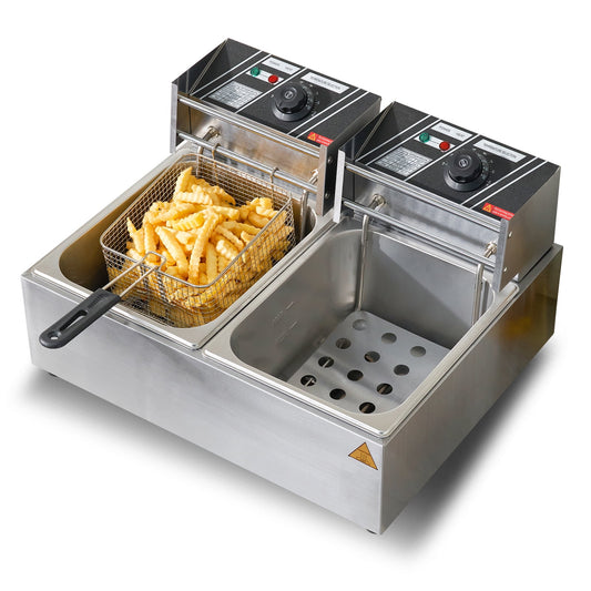 KFFKFF Industrial Dual Chamber Fryer, 3000W Electric Tabletop Frying Machine with Basket, 2 x 9.1Qt/8.6L Twin Stainless Steel Oil Fryer, Featuring Temperature Regulation & Overheat Safeguard