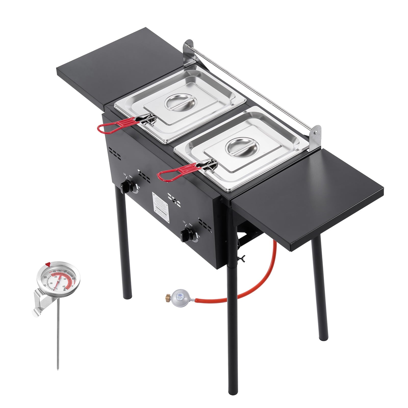 KFFKFF Outdoor Propane Deep Fryer, Dual-Tank 8QT x 2 Commercial Fryer, Stainless Steel Cooker with Foldable Platform, Dual Basket, and Adjustable Heat, Floor Standing Fryers for Restaurant