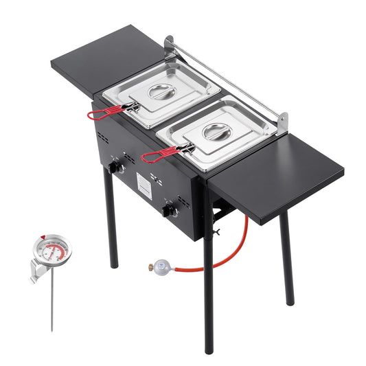 KFFKFF Outdoor Propane Deep Fryer, Dual-Tank 8QT x 2 Commercial Fryer, Stainless Steel Cooker with Foldable Platform, Dual Basket, and Adjustable Heat, Floor Standing Fryers for Restaurant