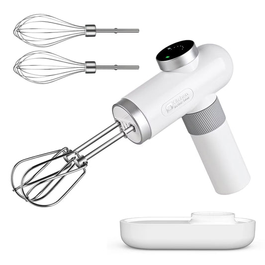 Kitchen in the box Cordless Rechargeable Hand Mixer Kitchen, Portable Handheld Electric Mixer with Beaters, Whisks, 6-Speed Digital Display, Charging Base and USB-C Charge Cable (Pearl White) C101