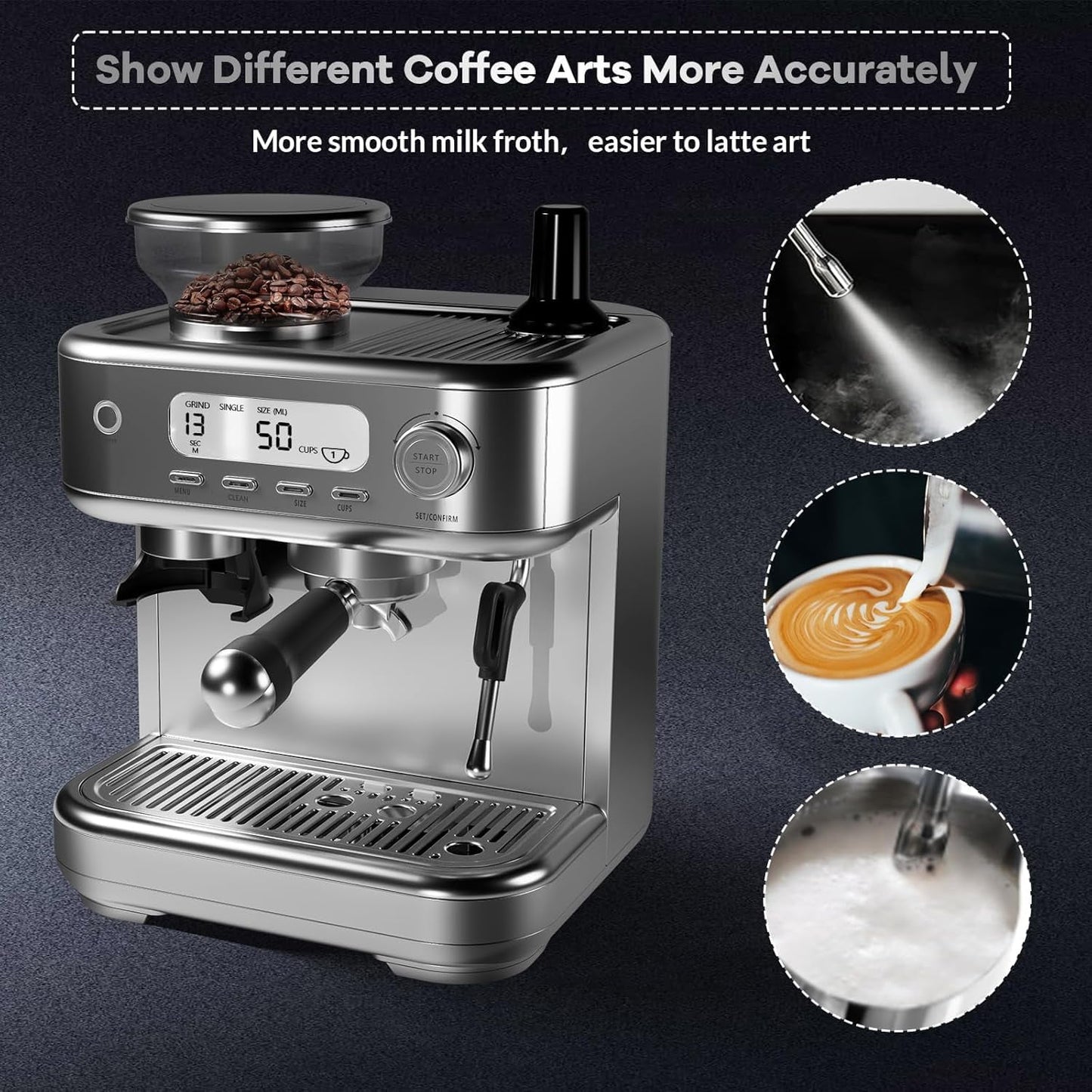 Kojooin Machine 15 Bar, LCD Display Espresso Maker with Grinder, Milk Frother and PID Temperature Control, Professional Coffee Maker for Latte Cappuccino - 8.8 Oz Bean Hopper