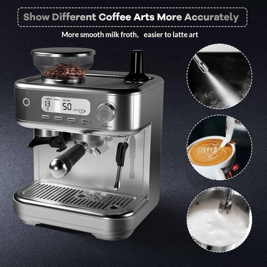 Kojooin Machine 15 Bar, LCD Display Espresso Maker with Grinder, Milk Frother and PID Temperature Control, Professional Coffee Maker for Latte Cappuccino - 8.8 Oz Bean Hopper