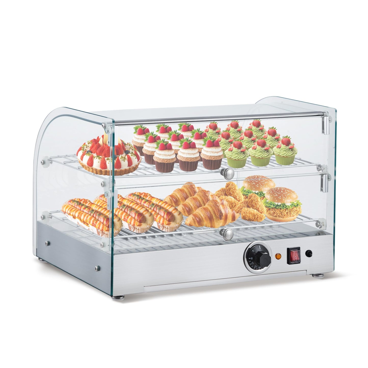 Kselythan 2-Tier Food Warmer, 22 in Countertop Commercial Food Warmer with Dual Glass Door, 1.5 Cu. Ft Stainless-Steel Display Case for Hamburger, Pizza, Bread, Fried Chicken,1500 w