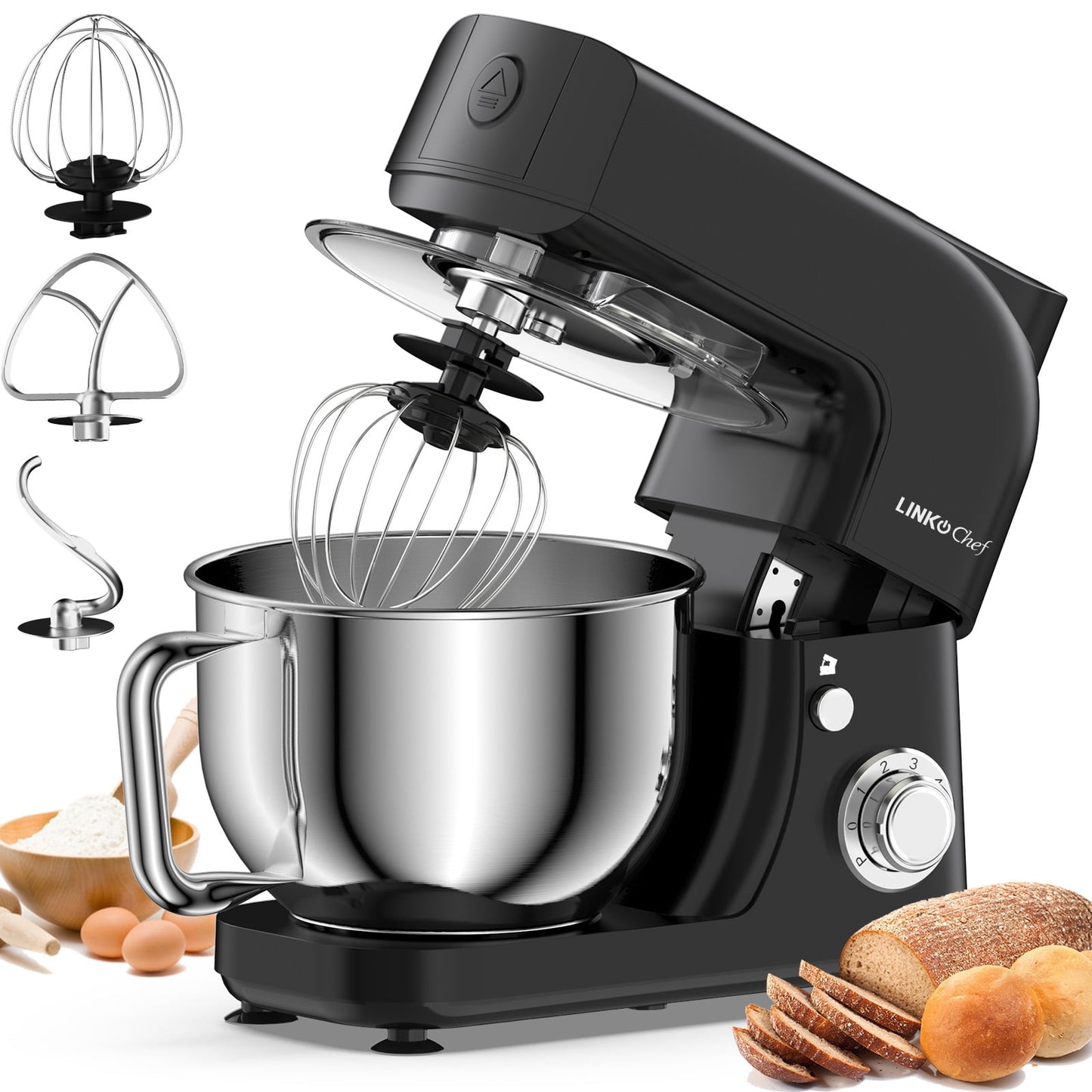 LINKChef Stand Mixer, 5.3QT 800W 6+P Speeds with Whisk, Dough Hook and Beater (White)
