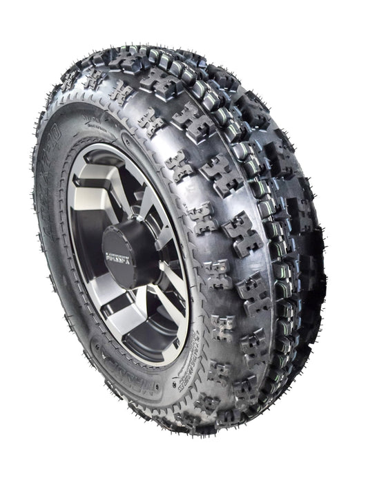 MASSFX MK 21x7-10 ATV Front Tire & 10x5 4/144 Machined Wheel Kit fits Honda TRX, Kawasaki KFX, Suzuki Z250 & Arctic Cat DVX 21x7x10 (Passenger Side)