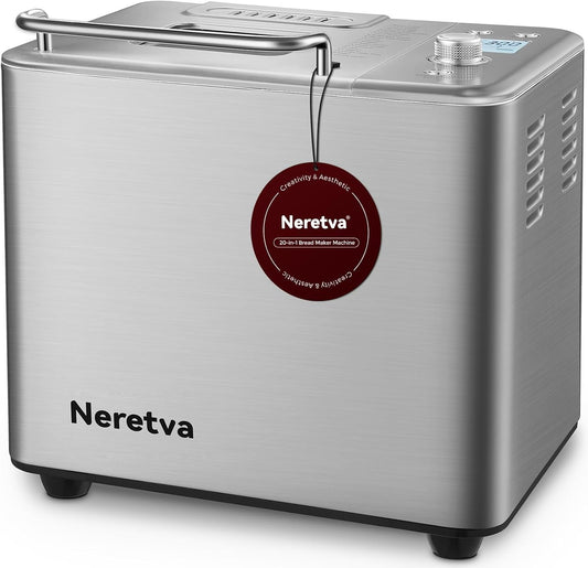 Neretva Bread Maker, [20-IN-1 & Dual Heater & 2LB]Smallest Size Bread Machine Nonstick Ceramic Pan Bread Maker Machines All Metal for Gluten Free/Dough Maker/French/Dried Meat Floss/Jam/Yogurt(Silver)
