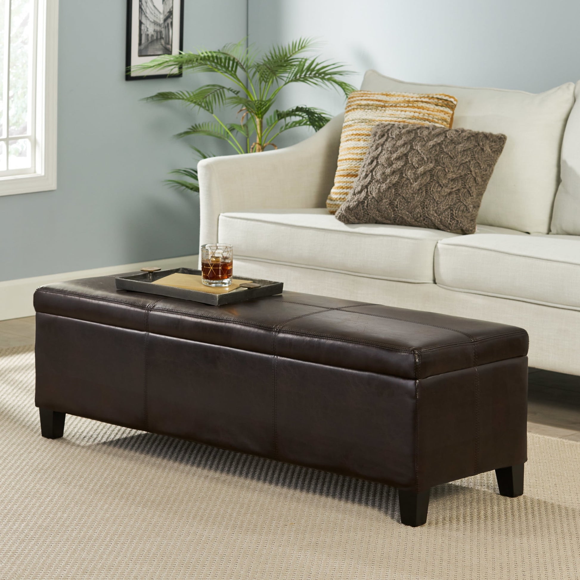 Canterbury Upholstered Storage Ottoman Bench, Brown Faux Leather, Dark Brown