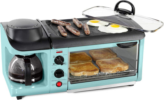 Nostalgia 3-in-1 Retro Breakfast Station - Includes 5 Cup Coffee Maker, Non-Stick Ceramic Griddle, and 4-Slice Toaster Oven - Built-In Timer, Reusable Coffee Filter, Space-Saving Design - Pink