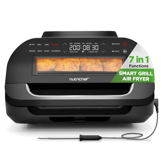 NutriChef Indoor Smokeless Grill  Smart Grill & Air Fryer with 7 Cooking Functions  6L Capacity  Includes Smart Thermometer  Precise Temperature Control  Non-Stick Removable Grill Plates