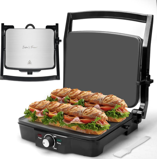 Panini Press Electric Griddle, Panini Grill Press Sandwich Maker Press, Grilled Cheese Maker, Sandwichera Electrical, Browning Control, Non Stick Surfaces, 4-Slices, Stainless Steel