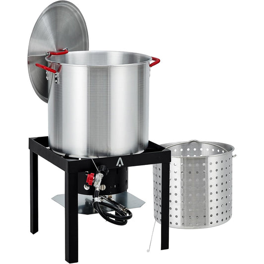 Pinypikaka 60 QT Aluminum Outdoor Seafood Boil Kit, 11,0000 BTU Seafood Boil Pot, Seafood Boil Pot with Strainer Basket, Propane Stove Burner for Outdoor Cooking Seafood Crawfish, Crab, Shrimp