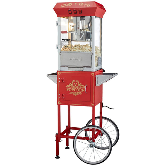 Popcorn Popper Machine 8 Oz Popcorn Maker with Cart, 850W Power, 48 Cups Capacity, Red, Stainless Steel Kettle, Tempered Glass Door, for Home and Commercial Use