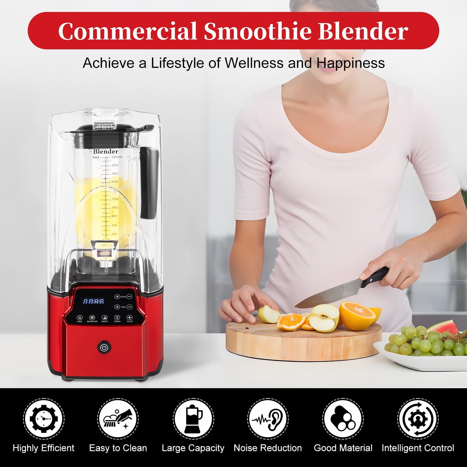 Quiet Commercial Blender, 2200W Soundproof Cover Blender, Fruit Juice Smoothie Maker with Smart Touch Screen, High-Speed