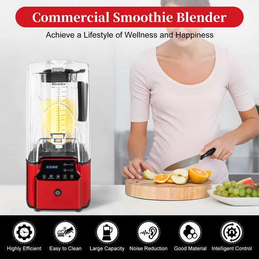 Quiet Commercial Blender, 2200W Soundproof Cover Blender, Fruit Juice Smoothie Maker with Smart Touch Screen, High-Speed