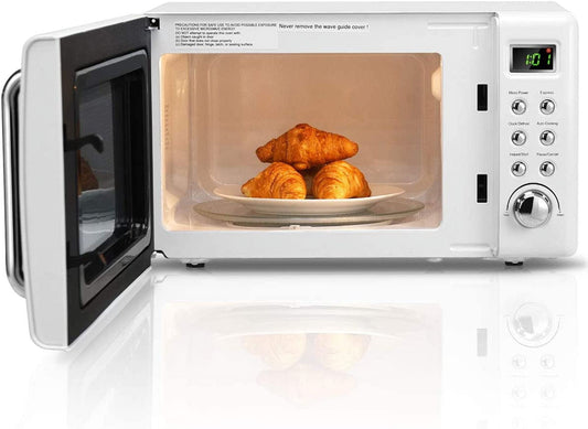 Retro Microwave Oven,Safeplus 0.7Cu.ft, Countertop 700W Microwaves with Cold Rolled Steel Plate 5 Micro Power Defrost & Auto Cooking Function LED Display Glass Turntable and Viewing Window Child Lock