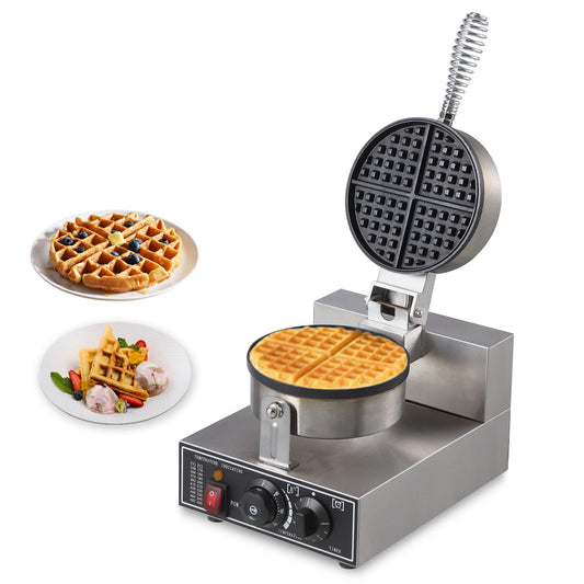 Roromall 110V Commercial Waffle Maker, 1300W Round Waffle Iron, Non-Stick Rotatable Waffle Baker Machine, 50°C-300°C Temp Range, Stainless Steel Round Commercial Waffle Maker for Restaurant