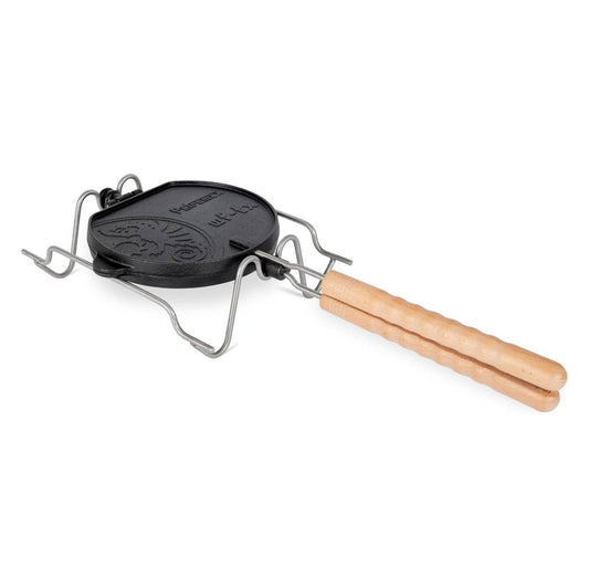 Rotating Waffle Iron with Turning Stop Frame, for Heart Shaped Waffles When Camping, Cast Iron with Wood Handles
