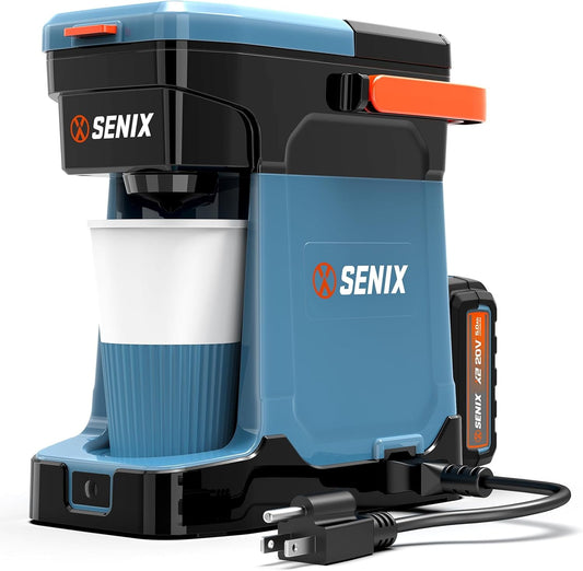 SENIX Portable Coffee Maker, X2 20V Max Rechargeable, Compatible with K-Cups, Ground, Pods, 8oz Brew Size - 5.0 Ah Battery, Charger & Power Cord Includes, for Outdoor, Travel, Camping, RV (CMX2-M4)