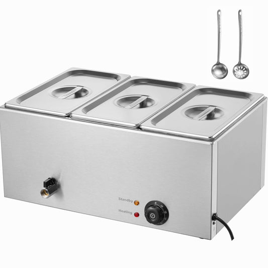 KFFKFF 3-Section Professional Food Heating Station, 17.4QT Electric Buffet Server, 1200W, Stainless Steel, with Temperature Adjustment 86-185°F for Event Catering and Dining Venues, Silver