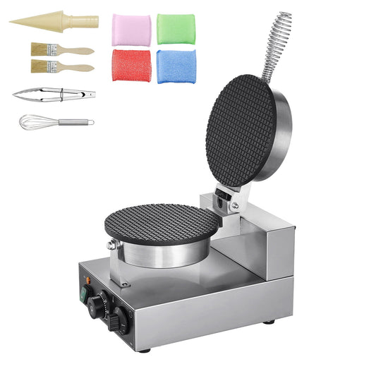 KFFKFF Electric Waffle Cone Maker, 1230W Commercial Ice Cream Cone Machine, Durable Non-Stick Stainless Steel, Adjustable Temp & Timer, with Handle, Ideal for Cafes, Bakeries, Home Use