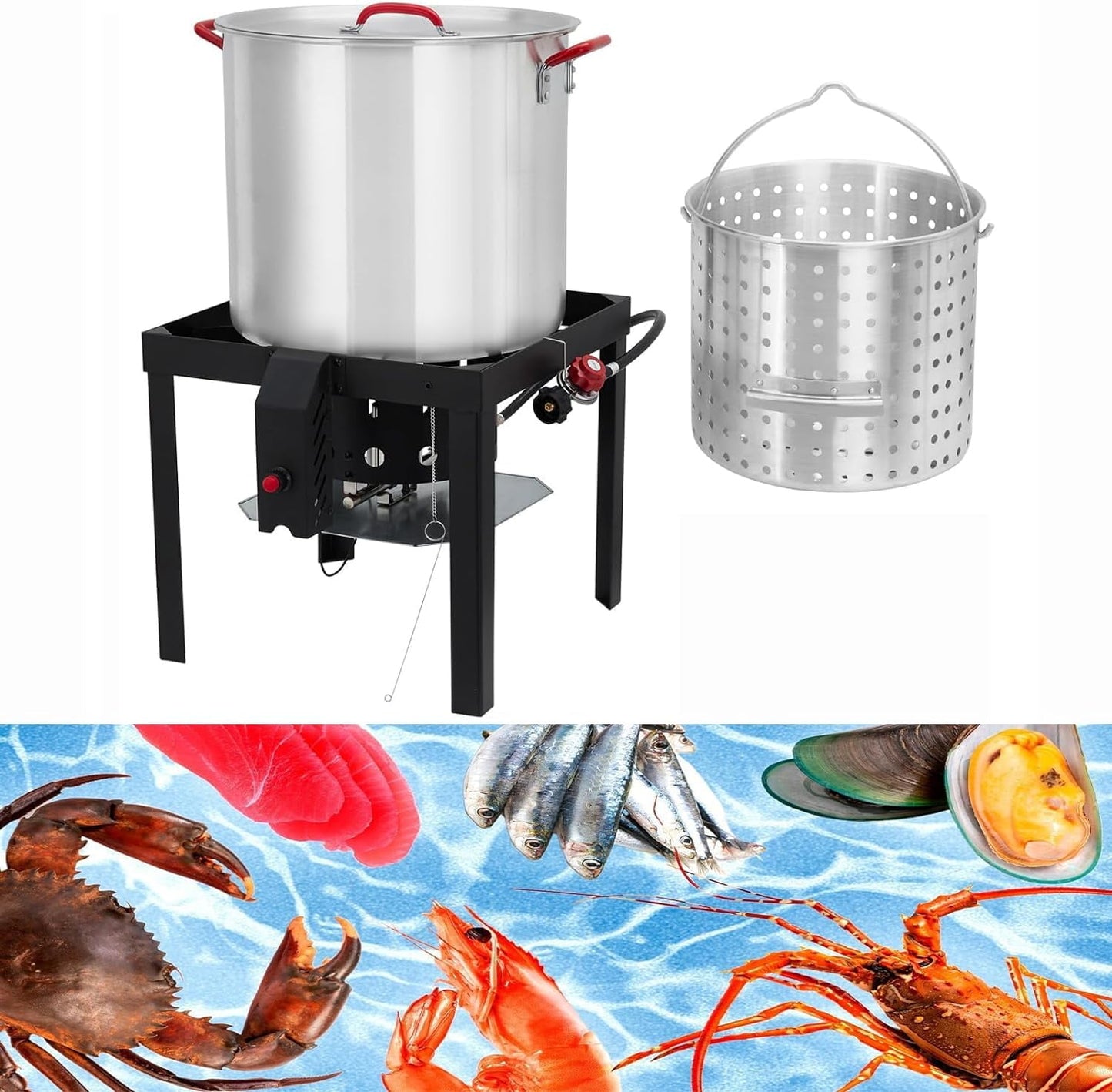 Seafood Boil Pot, 80 Qt Seafood Boil Pot with Basket & Burner, Strainer Basket, Lid & Hook, Versatile Stock Pot for Crab, Lobster, Shrimp Boiling, Outdoor Aluminum Propane Boiler and Steam Kit