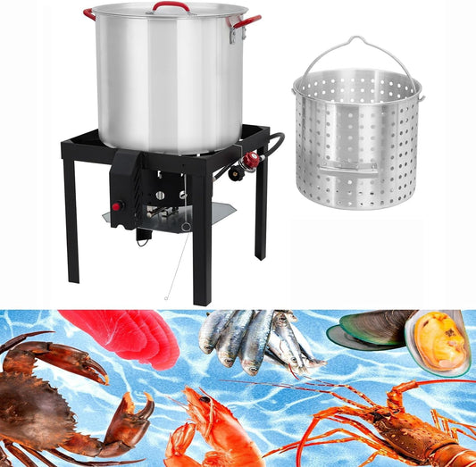 Seafood Boil Pot, 80 Qt Seafood Boil Pot with Basket & Burner, Strainer Basket, Lid & Hook, Versatile Stock Pot for Crab, Lobster, Shrimp Boiling, Outdoor Aluminum Propane Boiler and Steam Kit