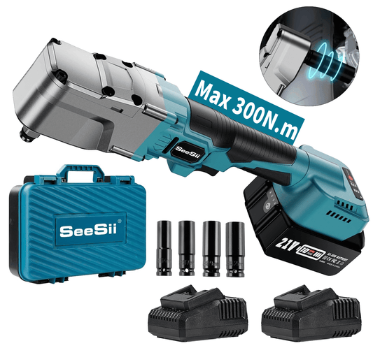 Seesii 1/2'' Cordless Right Angle Impact Wrench 220ft-lbs, 2 Speed Adjustable 3200RPM, 2x 4.0Ah Batteries, 4 Sockets(15/17/19/21mm), Compact Size for Tight Space Lightduty Work, WHA300