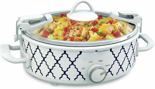 Small 2.5-Quart Casserole Slow Cooker, White/Blue, for an eye-catching quick meal