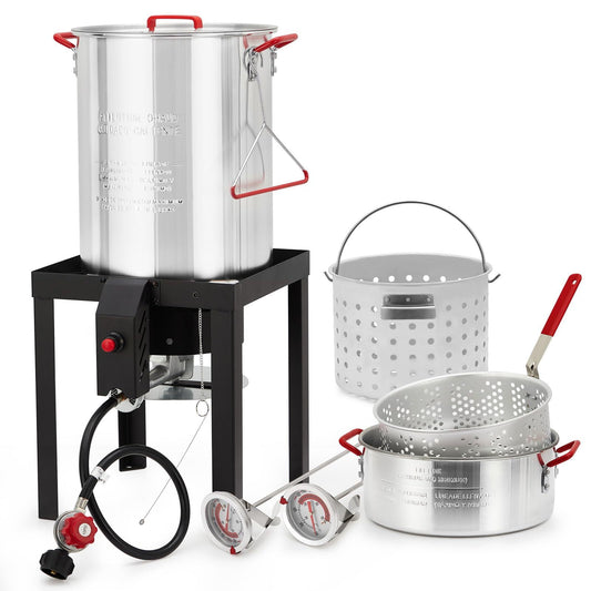 Soonbuy 30 Qt Turkey Deep Fryer & 10QT Fish Fryer Kit ,Aluminum Fish & Seafood Boiler Steamer with 38,000 BTU Propane, Thermometer, Injector, Turkey Rack & Lifting Hook, Sliver