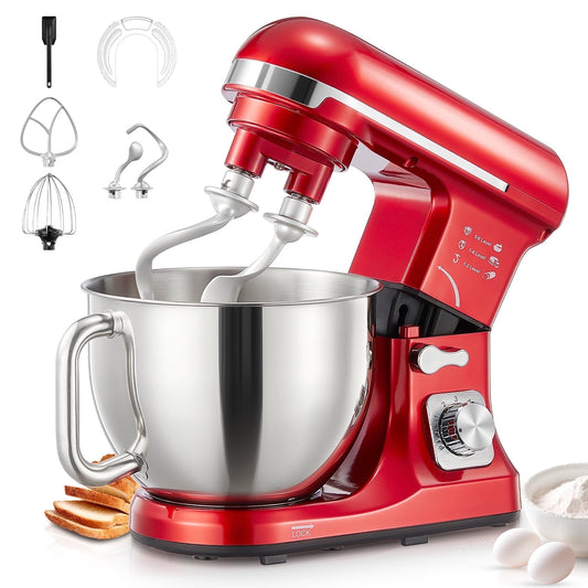 FOHERE Electric Stand Mixer with Double Hook, 6+P Speeds, 3-IN-1 Kitchen Stand Mixer, 5.5Qt Stainless Steel Bowl, Beater and Whisk Red