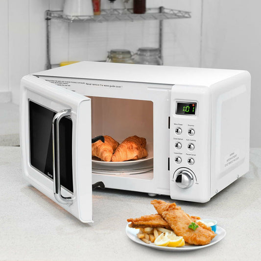 Stelorda Retro White Countertop Microwave Oven, 0.7 Cu Ft, 700 Watts, 5 Microwave Power Levels (100%-20%), Defrost & Auto Cooking Functions, Delayed Start, Glass Turntable & Viewing Window,