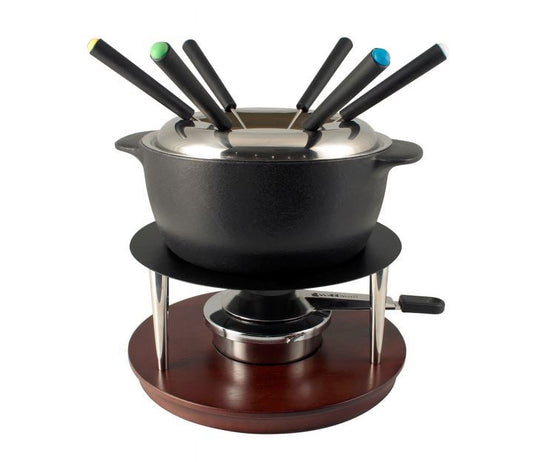 Swissmar Summit 10 Piece Cast Iron Fondue Set, Black Matte, For Cheese, Meat, and Chocoolate