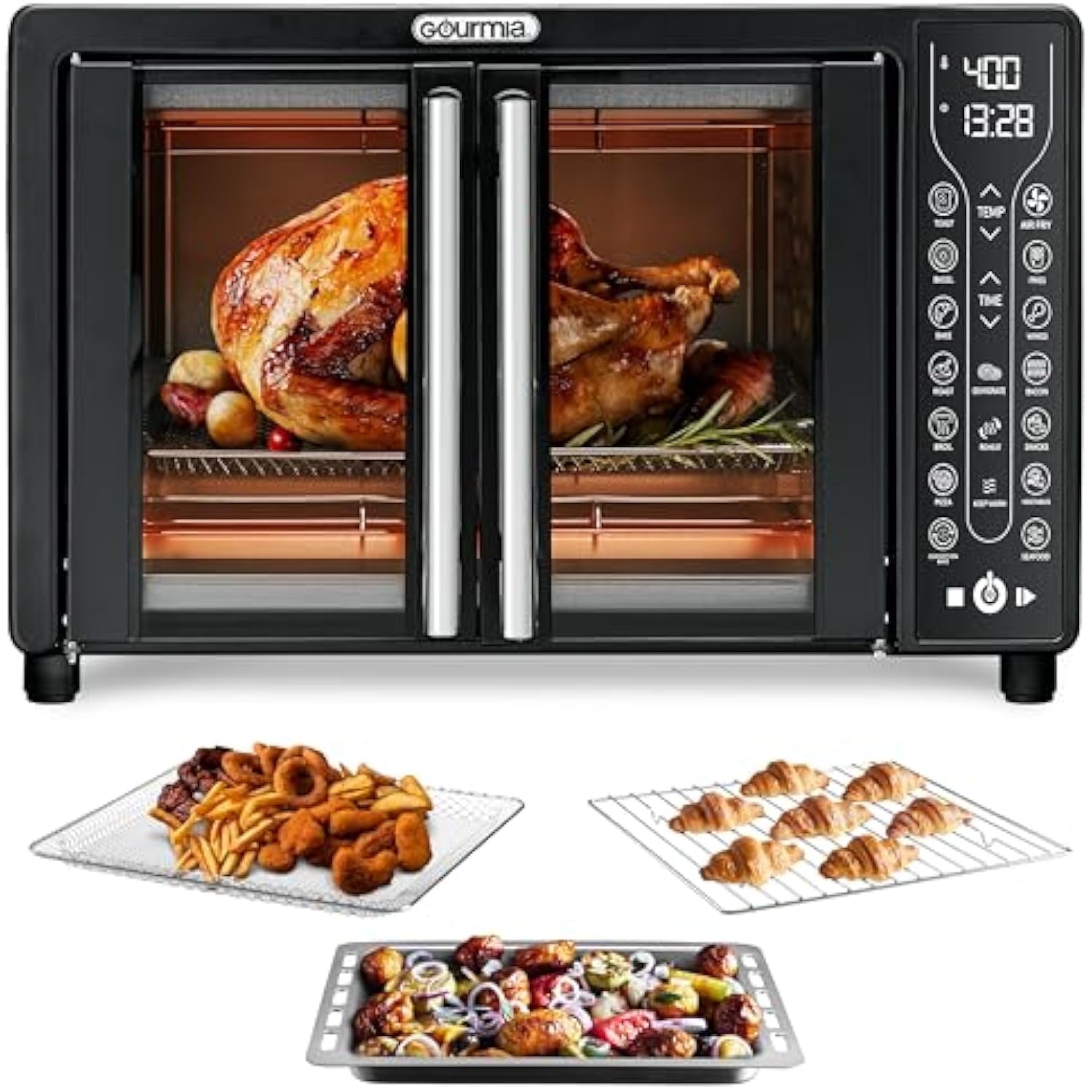 Toaster Oven Air Fryer Combo 17 cooking presets 1700W french door digital air fryer oven 24L capacity accessories, convection rack, baking pan tray recipe book GTF7460,Large,Black