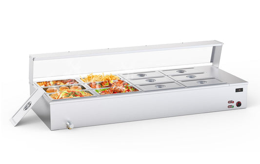 Towallmark 96QT Electric Commercial Food Warmer, 12x8QT Steam Table Stainless Steel Bain Marie Countertop w/Acrylic Shield Temperature Control & Lid for Buffet Party Restaurant 1500W 110V