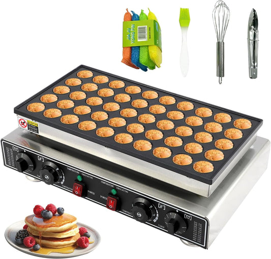 Trilenars 50 PCS Mini Pancake Maker Machine,110V 1800W Commercial Electric Dutch Pancake Maker,Nonstick Waffle Iron for Home,Food Trucks–Precise Temp & Timer Control,Silver and Black
