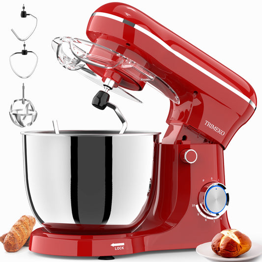 Trimeko 6-QT Tilt-Head Stand Mixer with Bowl, Dough Hook, Whisk & Beater, 3-in-1 Function，Red