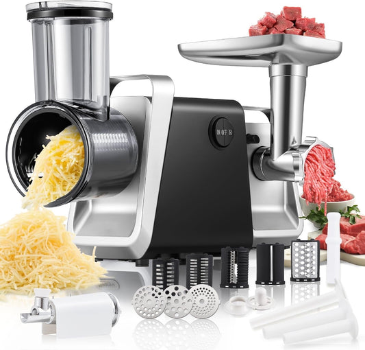 Trumoontree Electric Cheese Grater Meat Grinder coarse medium fine Vegetable Slicer Shredder with 5 Blades Sausage maker Kubbe maker all in one