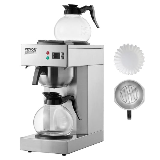 VEVOR 12 Cups Commercial Drip Coffee Maker, Coffee Maker Machine with 2 Glass Carafes and 2 Warmer Plates, Stainless Steel Pour Over Coffee Brewer for Restaurant, Office, Cafe