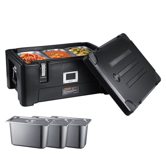 VEVOR Insulated Food Pan Carrier, 36Qt Capacity, Stackable Catering Hot Box with 3 Stainless Steel Pans,Top Load LLDPE Food Warmer with Elastic Side Handles and Buckles