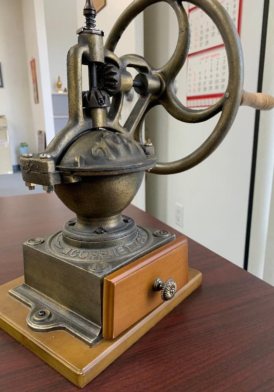 Vintage Large Cast Iron Collection Manual Counter Coffee Grinder (8" W x 8"L x 13"H)