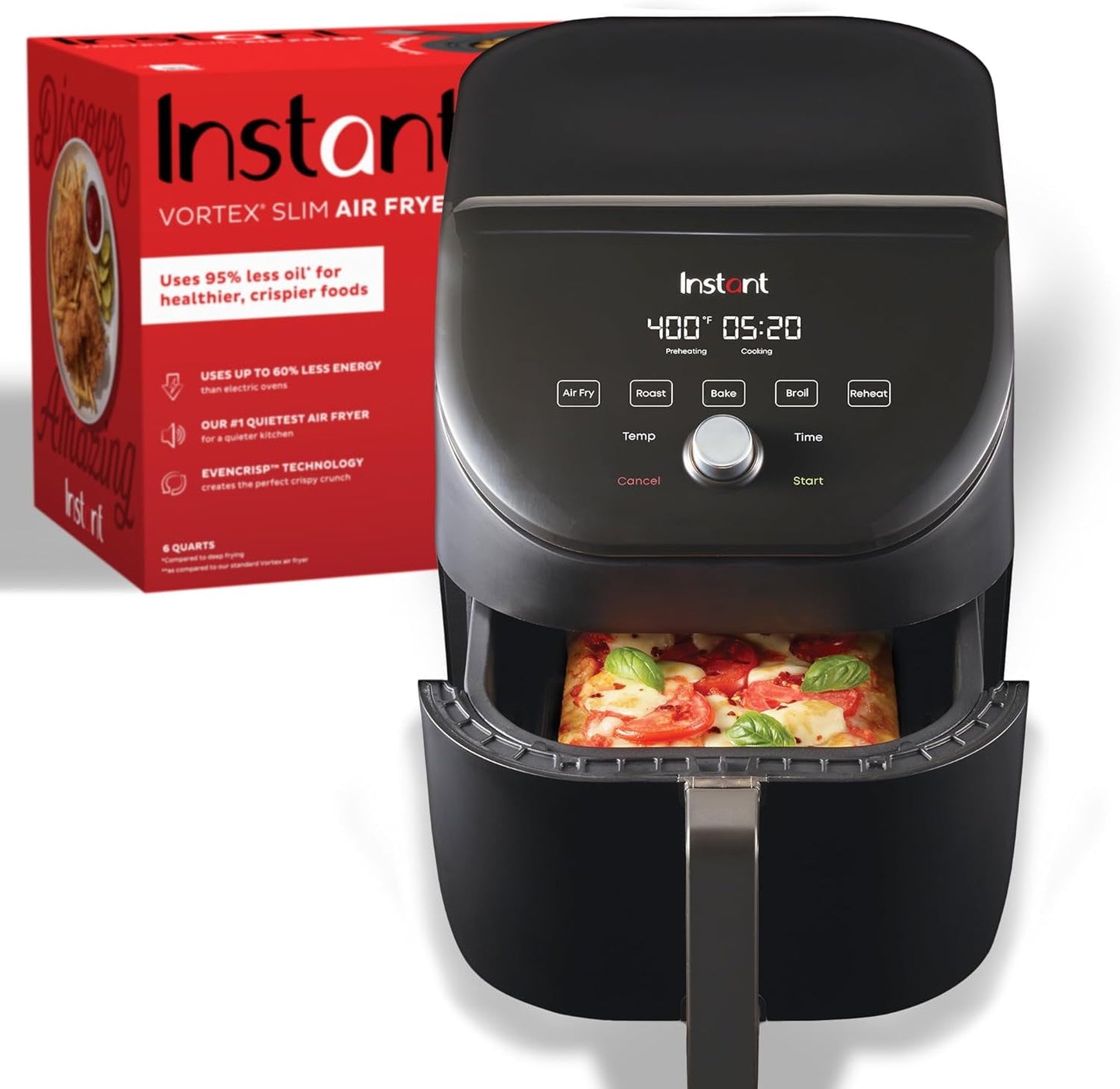 Vortex Slim XL 6QT Air Fryer that Crisps, Roasts, Reheats, Bakes, Broils & is Quiet, Space Saving, Nonstick, Dishwasher-Safe, 100+ In-App Recipes, from the Makers , Black