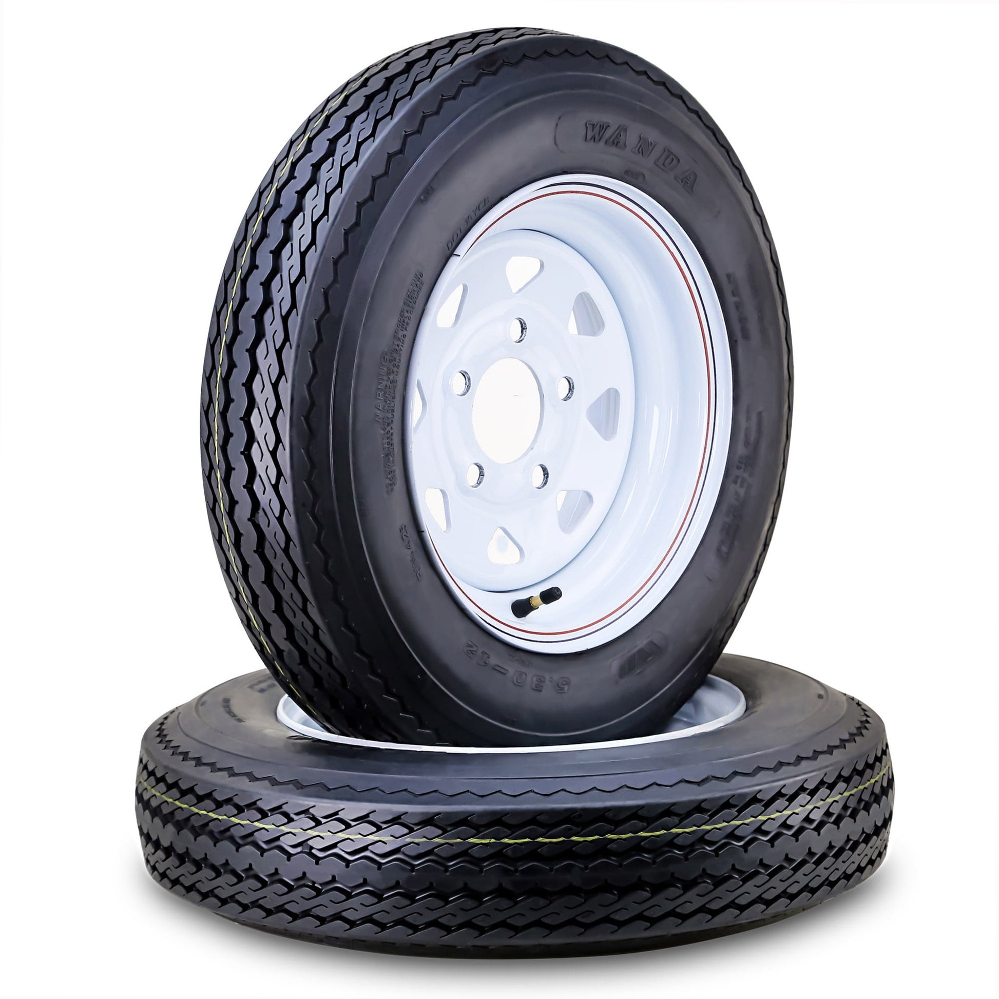 WANDA Trailer Tire Wheel Assembly 5.30-12 6-Ply C 82M 5 Lug on 4.5" PCD White Spoke Rim ,SET 2