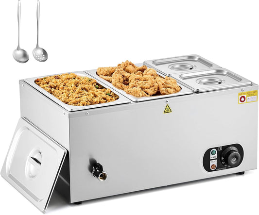 WILPREP Single-Well  Food Warmer with Two 1/3 Two 1/6 Pans, Electric Warmer for Food with Adjustable Temp & Auto Shutoff, Stainless Steel Food Heating Unit for Buffet Food Truck Hotel More