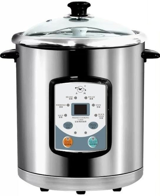 YONGXING 9L Electric Stew Cooker with Ceramic Water-Bath Insert, Stainless Steel Inner Pot, Dual Cooking Modes, 24H Timer, 7-Level Keep Warm, Slow Soup Maker for Home Restaurant, DYG-35AF