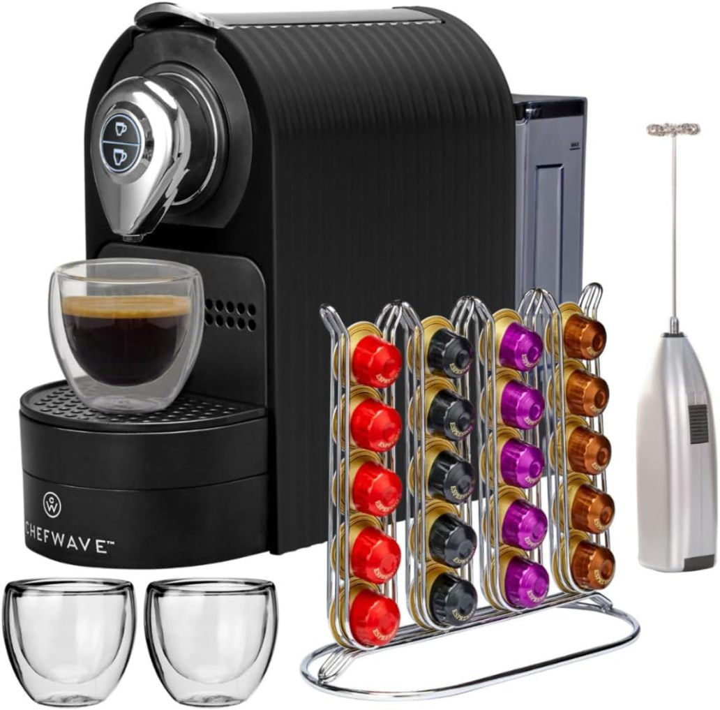 ZYSP Espresso Machine Compatible with Nespresso Capsules (Black) with Capsule Holder, and 2 Glass Cups Bundle with Handheld Milk Frother (2 items)